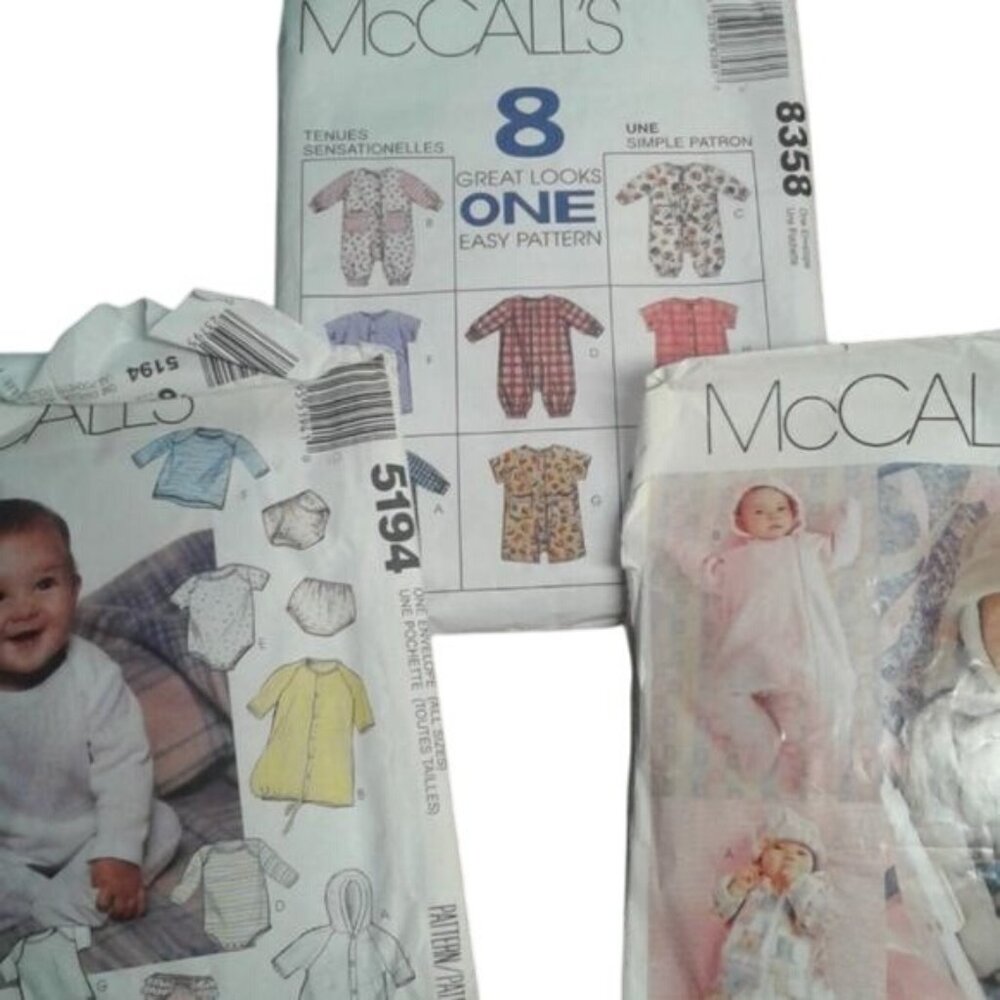McCalls Baby Sewing Patterns P454 5194 8358 Cut Romper Bunting Gown Hat Vintage